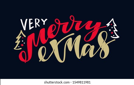 Very Merry Christmas - cute hand drawn doodle lettering postcard template banner