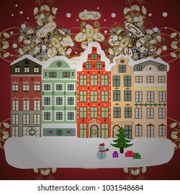 A Very Merry Christmas hand lettering with sketched fir trees on the pattern background. Vector illustration. Winter scene with small house in a snowy in a sketch style.