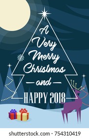 A Very Merry Christmas and Happy New Year 2018 Holiday Card With Scenery Behind With Snow Forest Deer and Presents