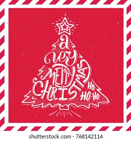 Very Merry Christmas Ho-ho-ho typography on holiday tree shape over red background with striped frame for greeting card or decoration banner design vector template.