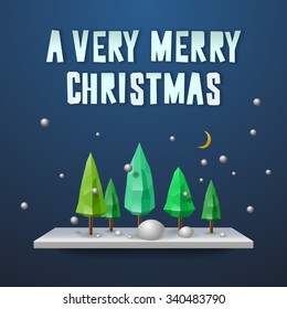 A very Merry Christmas and New Year festive winter composition with Christmas trees in snow, vector illustration.