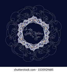 A very Merry Christmas to You Handwritten words. Vector illustration. Vector hand drawn mandala with houses and winter decorative elements.  Round Christmas pattern on a dark blue background.