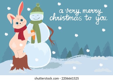 A very merry christmas to you. Happy bunny with snowman. Vector greeting card.