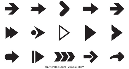 very minimalist Arrow icon set. Containing cursor arrow, changing , switch, move, forward, up, down and refresh symbol icons. isolated Solid icon collection.