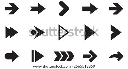 very minimalist Arrow icon set. Containing cursor arrow, changing , switch, move, forward, up, down and refresh symbol icons. isolated Solid icon collection.