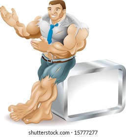 A very muscular business man bursting out of his clothes. He is smiling and presenting something to his right. The businessman is leaning on a sign that you can place text on.