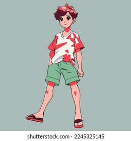 a very nice boy dressed in summer clothes in manga sketch style