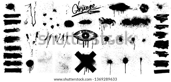 Very nice Collection of black paint, great elaboration,\
spray graffiti stencil template ink brush strokes, brushes, lines.\
Paint splats blotches. Round grunge design elements. Isolated\
vector set 