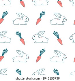 Very nice and cute pattern with a rabbit and a carrot. Suitable for baby wallpaper, baby textiles, wrapping paper, gardening decoration. Vector illustration