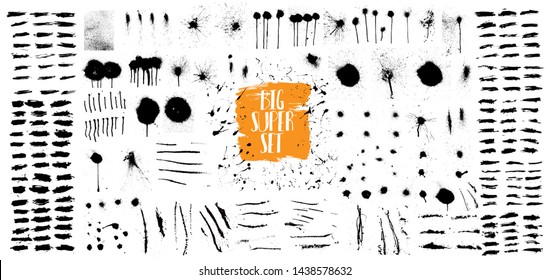 Very Nice grunge set. Big collection of black paint brushes, ink brush strokes, lines, spray graffiti stencil. High quality manually tracked. Black ink blow explosion. Big grunge set elements. Vector