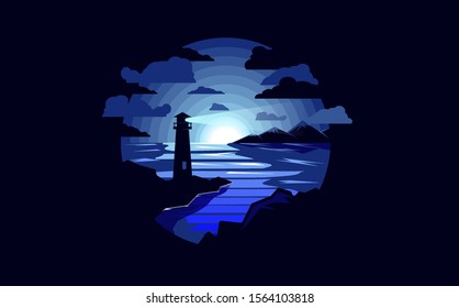 Very nice negative space. Some lighthouse in the night. Big clouds high above the mountains. The ighthouse on the sea.