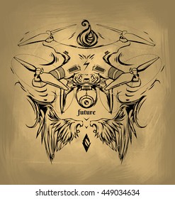 Very nice quadrocopter. Quadcopter - modern robot. Ideas for tattoos. Illustration for printing on T-shirts. Modern technology.