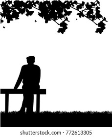 Very old grandfather sitting on bench in park silhouette, one in the series of similar images