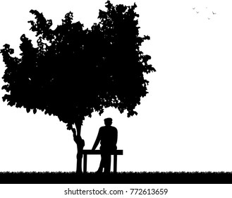 Very old grandfather sitting on bench in park silhouette, one in the series of similar images