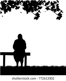 Very old grandmother sitting on bench in park silhouette, one in the series of similar images