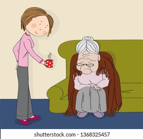 Very old grey-haired senior woman, granny, sitting on the sofa, sleeping and snoring. Young cheerful woman nurse carer bringing her a cup of tee or coffee. Original hand drawn illustration.