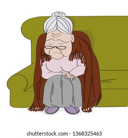 Very old grey-haired senior woman, granny, sitting on the sofa, sleeping and snoring. She has a blanket around her downbent back. Original hand drawn illustration.