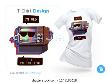 Sehr altes TV-T-Shirt-Design. Für Kleidung, Poster oder Souvenirs drucken. Vektorgrafik