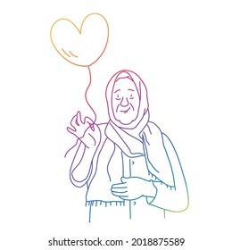 Very old woman in headscarf with heart shaped balloon. Hand drawn vector illustration. Black and white.