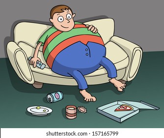 Very overweight man sitting on the couch holding a remote in hand, beer, pizza and other food over the floor. Couch potato cartoon. Vector illustration.