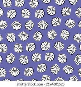 Very peri color seamless pattern with white seashell.