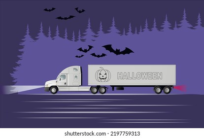 Very Peri. Color Of The Year. A Modern American Truck With A Semi-trailer Carries Halloween Gifts At Night Past A Forest With Bats.