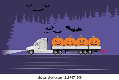 Very peri. Color of the year. A modern American truck with a semi-trailer carries pumpkins on Halloween at night past a forest with bats.