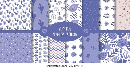 Very peri pattern set. Blue floral tropical pattern collection. Summer nature botanical design. Hand drawn vector illustration. Jungle leaves, flowers, polka dot, stripes in very peri and pink color.