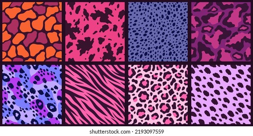 Very peri patterns. Modern colors animal fur and leather seamless prints, natural mammals textures, pink and purple scheme, zebra jaguar and tiger, giraffe and cow wrapping tidy vector set