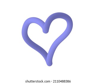 Very Peri purple heart isolated on white background. 3D soft hand drawn line shape. Pastel modern color. Celebration card. Design element. Violet Valentines. Love and happiness symbols.