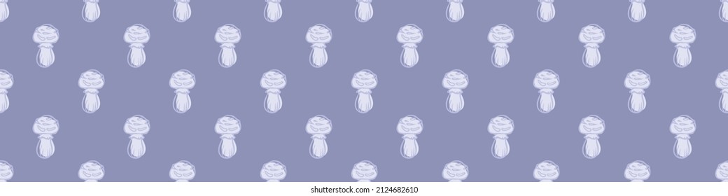  Very peri wild mushroom vector border. Seamless trendy purple biology purple fungi for bordure. Decorative background of wild fungus. 