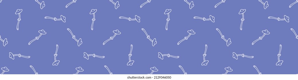  Very peri wild mushroom vector border. Seamless trendy purple biology purple fungi for bordure. Decorative background of wild fungus. 
