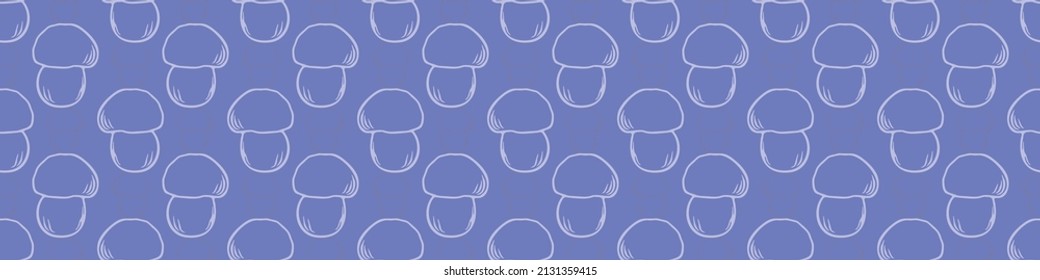  Very peri wild mushroom vector border. Seamless trendy purple biology purple fungi for bordure. Decorative background of wild fungus. 
