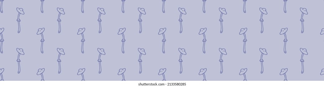  Very peri wild mushroom vector border. Seamless trendy purple biology purple fungi for bordure. Decorative background of wild fungus. 