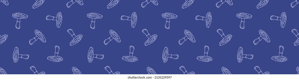  Very peri wild mushroom vector border. Seamless trendy purple biology purple fungi for bordure. Decorative background of wild fungus. 