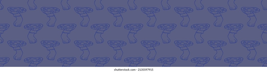  Very peri wild mushroom vector border. Seamless trendy purple biology purple fungi for bordure. Decorative background of wild fungus. 