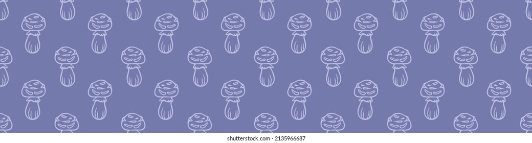  Very peri wild mushroom vector border. Seamless trendy purple biology purple fungi for bordure. Decorative background of wild fungus. 