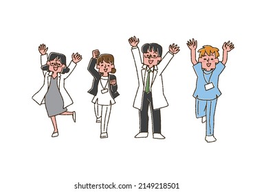 Very pleased doctors and nurses (parallel) Comical handwritten person vector, line drawing and color