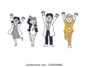 Very pleased doctors and nurses (parallel) Comical handwritten person vector, line drawing and color