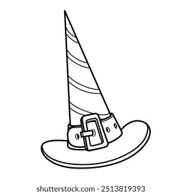 Very pointed and tall witch hat with buckle outlined for coloring. Image produced without the use of any form of AI software at any stage.