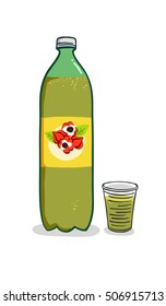 Very popular brazilian soft drink of guarana flavor. Bottle and plastic cup. Vector illustration isolated.