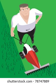 A very positive man mows the grass on the lawn in front of his  house
