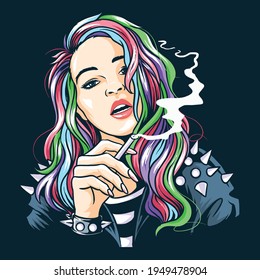 very pretty faced rocker girl smoked and wore a spiked jacket artwork vector