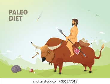 Very Quality Vector Illustration Of Paleo Diet. Caveman Riding A Buffalo Having Hunted Beef Meat. Prehistoric Times.