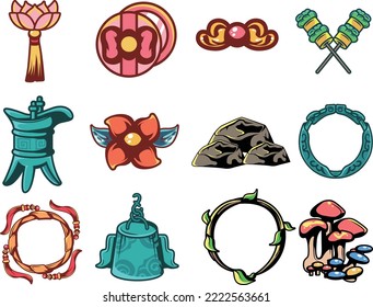 Very realistic product rendering icon album collection with 12 cartoon illustrations of flowers, candies, bronze wine glasses, stones, bracelets, bronze bells, mushrooms, bronze ware