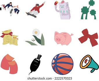 Very Realistic Product Rendering Icon Album Collection With 12 Cartoon Illustrations, Basketball, Radish, Horn, Speaker, Bow, Pig, Robot, Grass, Skiing, Dancing, Hip-hop