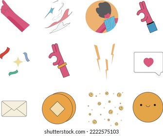 Very realistic product rendering icons album collection with 12 cartoon illustrations of fingers, poses, clouds, envelopes, money, gold coins, smiley faces, lightning bolts