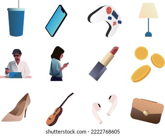 Very realistic product rendering icons album collection with 12 cartoon illustrations of drink, mobile phone, gamepad, desk lamp, man, woman, lipstick, gold coins, high heels, guitar, headphones, bag