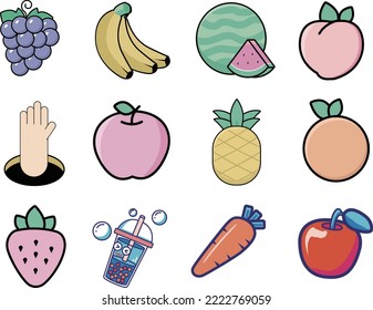 Very realistic product rendering icons album collection with 12 cartoon illustrations of grape, banana, watermelon, peach, gesture, apple, pineapple, orange, strawberry, drink, carrot, apple