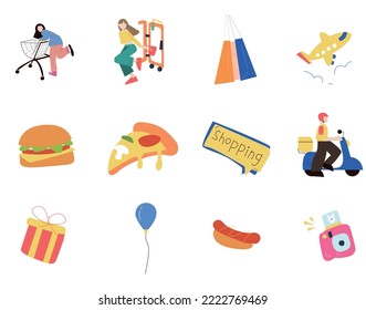 Very realistic product rendering icons album collection with 12 cartoon illustrations of shopping girl, fitting girl, shopping bag, airplane, burger, pizza, delivery, gift, balloon, hot dog, camera